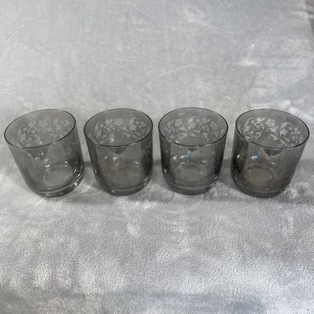 Crate & Barrel Krosno Drinking Glass Set 4‎ Poland Tinted Etched Smokey Low Ball
